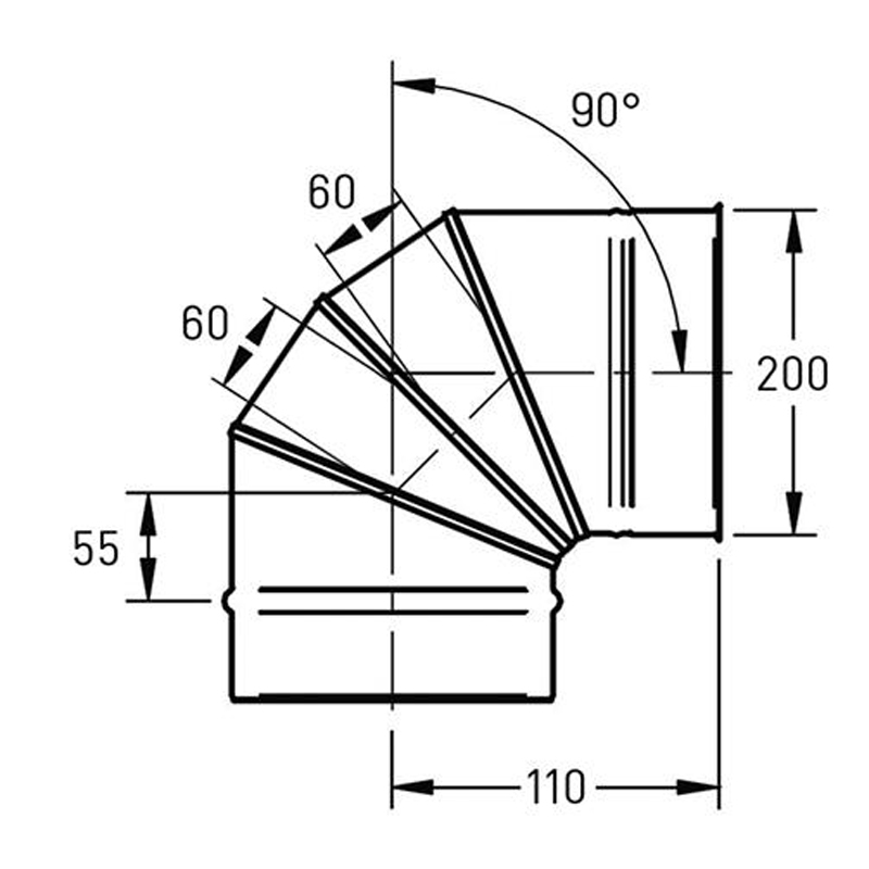 Verstelbare Bocht Ø200 mm – 0° tot 90° – Enkelwandig RVS - Afbeelding 2