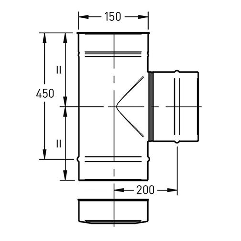 T-stuk Ø150 mm – 90° met deksel – Enkelwandig RVS - Afbeelding 2